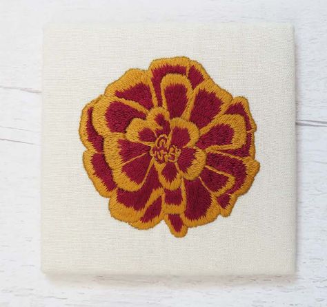 Free Hand Embroidery Pattern for October – Marigold Flower - Stitchdoodles Marigold Embroidery Design, Embroidered Marigold Flower, Marigold Flower Embroidery, Embroidered Marigold, Marigold Embroidery, Flower Fashion Design, Mexican Embroidery Designs, Free Hand Embroidery, Long And Short Stitch