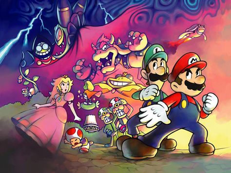 Mario and Luigi Characters Illustration. Bowser, Princess Peach, the whole gang in the Mushroom Kingdom. Superstar Saga, Mario Und Luigi, Mario Y Luigi, Mario E Luigi, Saga Art, Mario Luigi, Mario Games, Mario Nintendo, Hack And Slash