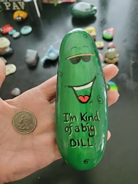 Dill Pickle Painted Rock, Rock Painting Pickle, Pickle Painted Rock, Penny Craft, Rock Crafts Diy, Big Dill, Painted Shells, Kindness Rocks, Garden Signs