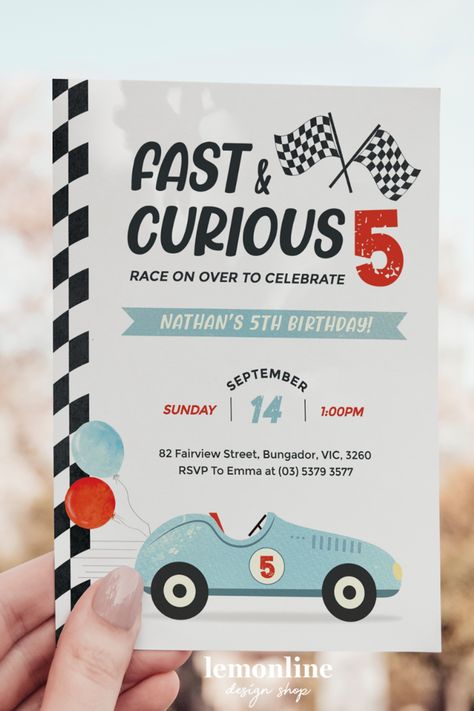 This vintage race car invitation is perfect for an exciting 5th birthday race car party celebration! #Racecarbirthday #racingpartyinvite #fastandcurious #Racecarbirthday #racingpartyinvite #racingcarinvite #racecarparty #vintageracecar #racecarinvitation #boy5thbirthday 5th Birthday Ideas For Boys Themes, 2 Fast 2 Curious, 4th Birthday Party For Boys, Vintage Race Car Party, 3rd Birthday Party For Boy, Vintage Car Birthday, Vintage Car Party, Car Birthday Party Invitations, Car Invitation