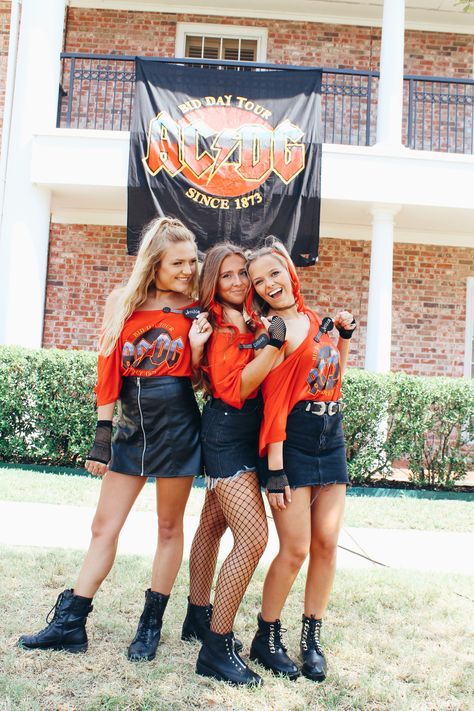 ACDG, AC/DC bid day theme sorority delta Gamma rock’n roll red black white leather face tattoos banner Rock And Roll Theme Party Outfit, 80s Rock Outfit, Nascar Outfit, Sorority Themes, Recruitment Themes, 80s Party Outfits, Spirit Week Outfits, Sorority Recruitment Outfits, Leather Face