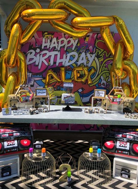 Hip Hop Birthday Party Ideas | Photo 4 of 11 1990s Birthday Party Theme, Hip Hop Birthday Party Ideas, Two Legit To Quit Birthday, 90s Hip Hop Party, Hip Hop Birthday Party, 90s Party Ideas, 90s Party Decorations, Diy Halloween Dekoration, Hip Hop Birthday