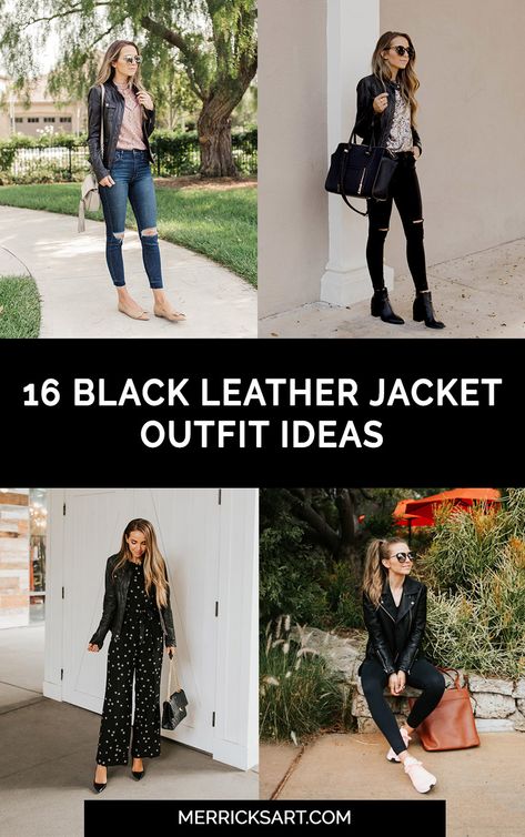 Leather Jacket Outfits (16 Easy Outfit Ideas) | Merrick's Art | Merrick's Art Fall 2023 Leather Jacket, Ladies Leather Jacket Outfit, Mini Dress With Leather Jacket Outfit, Style Black Moto Jacket, Fall Black Leather Jacket Outfit, Leather Jacket Outfit Spring 2023, Faux Leather Jacket Outfit Fall, Black Short Leather Jacket Outfit, Leather Jacket 2023 Trend