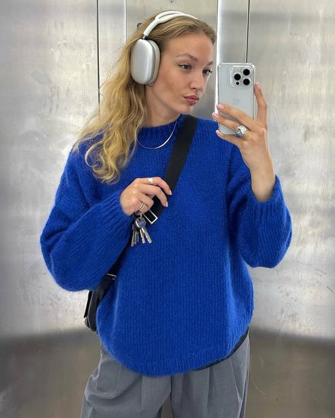 Blue Adidas Outfit, Blue Tshirt Outfit, Cobalt Blue Outfit, Cobalt Sweater, Blue Sweater Outfit, Bright Sweater, Blue Cashmere Sweater, Sweater Outfit, Adidas Outfit