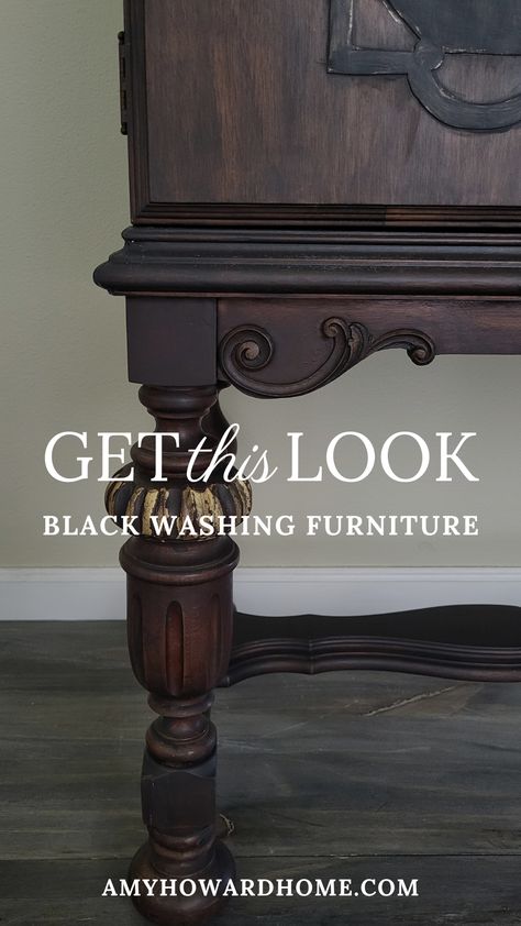 Transform your furniture with a stunning black washed finish! In this video, our talented Artist in Residence, Becky George, demonstrates step-by-step how to achieve this elegant look using Black One Step Paint, Glazed Over, Gold Leaf, Gilding Size, and antiquing wax. Watch now to learn Becky’s expert tips and techniques for adding a sophisticated touch to your furniture pieces. Black Furniture Painting Ideas, Black Wash Furniture Diy Wood, Black Paint Wash Wood, Painted Black Furniture Ideas, Refinished Office Furniture, Gold Gilding Wax On Furniture, Antique Wax Furniture, Black Washed Furniture, Refurbished Antique Furniture