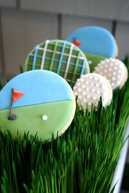 Golf Birthday Par.Tee | CatchMyParty.com Golf Cookies, Golf First Birthday, Golf Theme Party, Golf Cake, Golf Birthday Party, Golf Party, Golf Theme, Golf Birthday, Sugar Cookie Designs