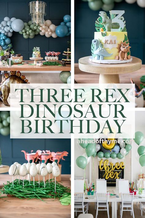 Dinosaur 3rd Birthday Party Decorations, Dinosaur Cake For 3rd Birthday, Winter Dinosaur Birthday Party, Three Rex Party Decorations, Boy Third Birthday Party Ideas, Triceratops 3rd Birthday, 3 Rex Decorations, Trex Three Birthday, Three Saurus Party