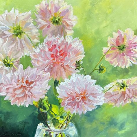 Aah these dahlias have captivated me this season. I’ve enjoyed exploring their intricate petals and soft colour palette. I especially love that glowing colour in the centre when they are back lit by the sun. You’ll be seeing these beautiful blooms in a few more of my pieces at my show in a few weeks. #dahliapainting #dahlias #cafeaulait #cafeaulaitdahlias #dahlia #dahliaseason #painteddahlias #australianartist #canberraartist #natasharuschka #oilpainting #contemporaryfloral #floralpainting Dalia Flower Paintings, Dahlia Flower Painting, Dahlia Painting, Dalia Flower, Soft Colour Palette, Painting With A Twist, Soft Colour, Dahlia Flower, Australian Artists