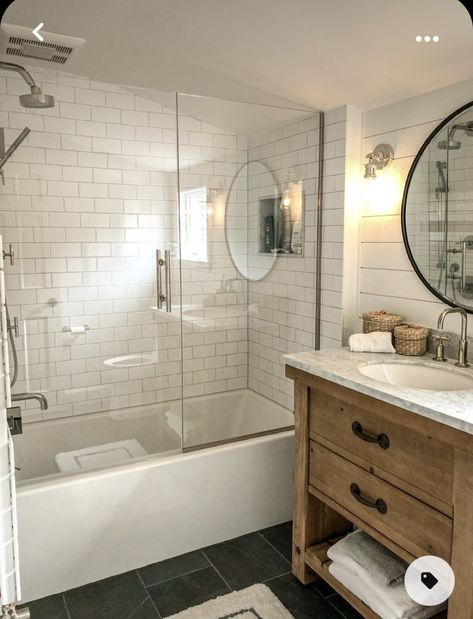 Simple Full Bathroom Ideas, Simple Farmhouse Shower, Guest Bathroom With No Window, Small Bathroom Transitional, Guest Bathroom Stand Up Shower Ideas, Reno Small Bathroom, New Shower Door, White Simple Bathroom, Neutral Classic Bathroom