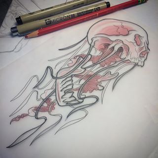 Tentacle Tattoo Design, Jellyfish Skull Tattoo, Skeleton Jellyfish Tattoo, How To Draw Jellyfish Tentacles, Skull Jaw Tattoo, Skull Jellyfish, Cartoon Jellyfish Tattoo, Jellyfish Tattoo On Side, Goth Jellyfish Tattoo