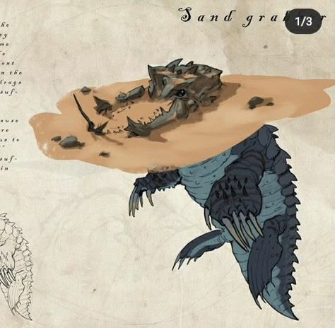 Giant Creatures Concept Art, Dinosaur Hybrid Art, Desert Monster Concept Art, Split Jaw Creature, Cute Creature Concept Art, Sand Monster, Desert Creatures, Creature Design Concept, Monster Hunter Art