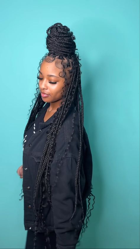 Space Buns Braided Black Women, Space Bun Braids Half Up Half Down, Box Braids Space Buns, Black Women Space Buns, Box Braid Space Buns, Sleek Braided Ponytail, Goddess Braids Hairstyles, Braided Ponytail Hairstyles, Dyed Natural Hair