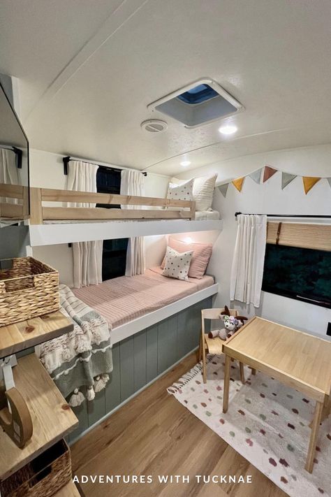 If you’re planning to renovate your RV, travel trailer, fifth wheel, motor home etc. then check out these amazing RV bunk room renovations for ideas on how to decorate your RV bunkhouse. RV decorating and renovation ideas for RV bunk bed ideas, rv bunk room remodel pictures, rv bunk bed rails, rv bunk ladder ideas, rv bunk bed ideas for kids, camper bunk room ideas, camper renovations, and more! 21 RV bunkhouse remodel kids rooms you're going to love! Bunkhouse Travel Trailer Remodel, Rv Bunk Room Ideas, Camper Bunk Room, Rv Bunk Beds Ideas, Rv Bunk Room, Camping Airbnb, Remodeling Camper, Bunkhouse Camper, Camper Bunk Beds