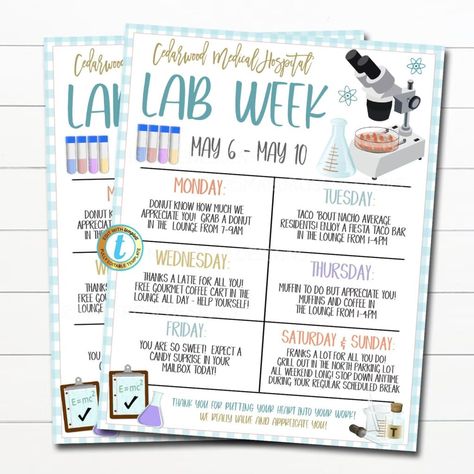 Lab Week Celebration Game Ideas - The Mislabeled Specimen Lab Week Games, Events Flyer, Schedule Of Events, Medical Tech, Lab Week, Week Schedule, Thrifty Thursday, Event Flyers, Poster Printable