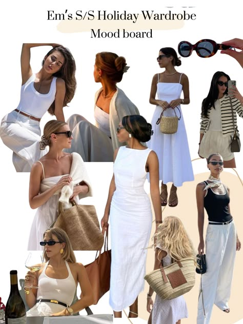 Summer Holiday Mood Board Summer Mood Board Aesthetic, Holiday Mood Board, Sunday Fits, Europe Winter Outfits, Casual Outfits Polyvore, Essentials Clothes, Italy Summer Outfits, Spain Outfit, Italian Summer Outfits