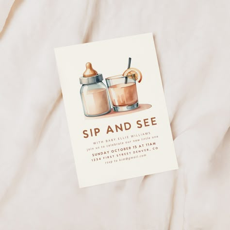 Sip and See Invitation Template With Beige Baby Bottle and Beige Cocktail Drink Instant Edit and Download - Etsy Sip And See Baby Shower Ideas, Sip And See Party Ideas Boy, Sip & See Party Ideas, Gender Reveal Brunch Invitations, Sip And See Party Ideas, Baby Sip And See, Baby Boy Sip And See, Sip And See Invitation, Baby Brunch Invitation