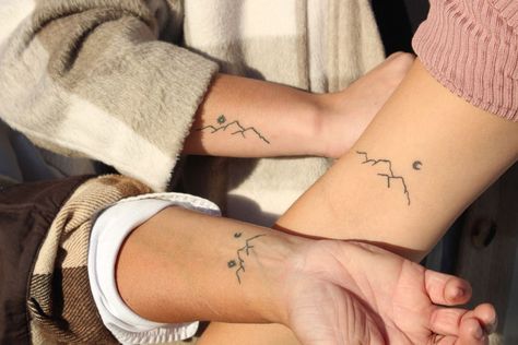 Mountain Sibling Tattoos For 3, Sibling Mountain Tattoos, Mountain Tattoo For Men, Mountain Tattoo With Sun, Three Mountains Tattoo, Men Mountain Tattoo, Colorado Tattoo Ideas Simple, Mountain Tattoo With Moon, Delicate Mountain Tattoo