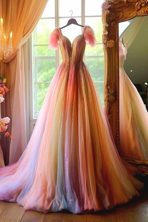 Very Nice the Stones come with your bags good material Rainbow Sweet 16 Dress, Ballgown Wedding Dress Colorful, Wedding Dress Rainbow, Strange Wedding Dresses, Rainbow Quince Dress, Multicolor Wedding Dress, Rainbow Ballgown, Spring Ball Gown, Rainbow Prom Dress