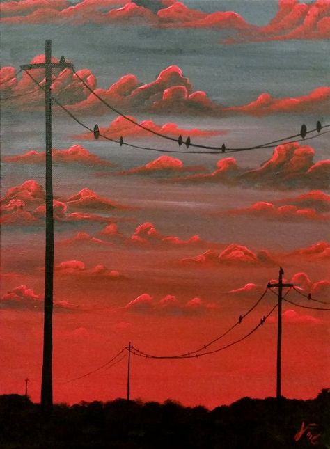 Power Lines, Acrylic Painting Tutorials, Small Canvas Art, Cloud Painting, Sunset Painting, Aesthetic Painting, Diy Canvas Art Painting, Painting Art Projects, Diy Canvas Art