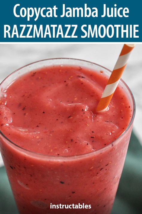 Make your own Jamba Juice Razzmatazz smoothie at home.  #Instructables #recipe #dessert #frozen #copycat Jamba Juice Copycat Recipes, Razmataz Smoothie Jamba Juice, Diy Jamba Juice Smoothies, Jamba Juice Recipes Copycat Orange Dream Machine, Smoothie Recipes Jamba Juice, White Gummi Jamba Juice Recipe, Copycat Robeks Smoothies, Sherbet Smoothie Recipes, Razmataz Smoothie