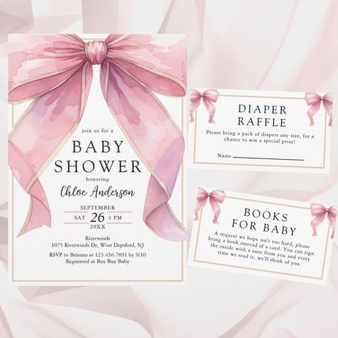 Pink Bow Baby Shower Invitation, Elegant Baby Shower Invitations, Bow Baby Shower Invitation, All Pink Baby Shower Ideas, Bow Theme Baby Shower Ideas, Pink Bows Baby Shower, Baby Shower Pink Theme, Pink Bows Baby Shower Theme