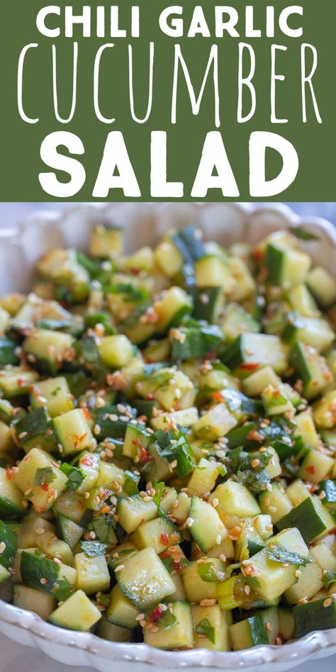 This Chili Garlic Cucumber Salad comes together quickly and is packed with so much flavor! The dressing is easy to make, with mostly pantry ingredients, and it really makes the cucumbers shine. Enjoy this easy cucumber salad recipe as a side salad, afternoon snack or throw it on top of rice, tofu or fish. #cucumbersalad #easyrecipe #sidesalad #healthysnack #veganfood #glutenfree Cucumber Noodle Salad, Small Cucumber Recipes, Best Cucumber Salad, Cucumber Salad Recipes, Indian Cucumber Salad, Tofu Salad Recipes, Easy Cucumber Salad, Cucumber Noodles, October Food