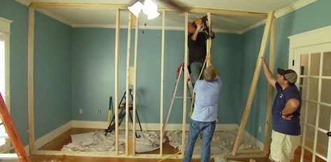 Framing up an interior wall. Guest Bedroom Remodel, Small Bedroom Remodel, Load Bearing Wall, Build A Wall, Bedroom Remodel, Temporary Wall, Basement Bedrooms, Diy Remodel, Simple Bedroom