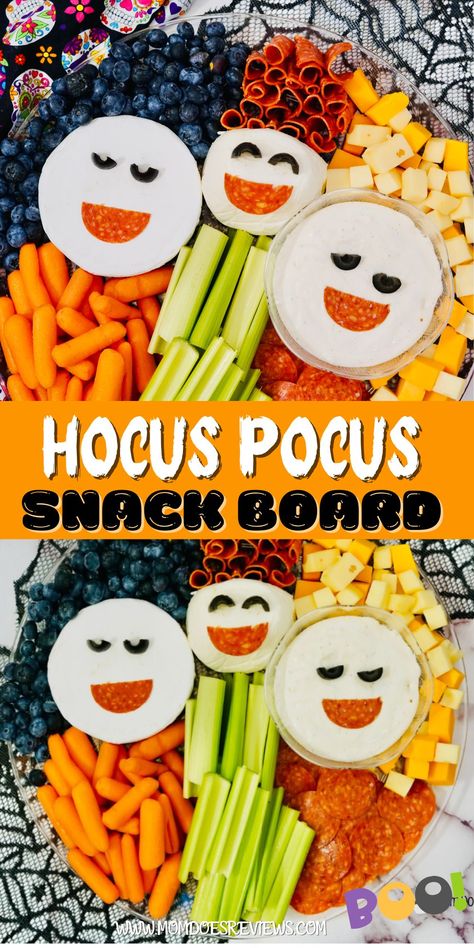 Hocus Pocus Snack Board - Mom Does Reviews Hocus Pocus Dessert Board, Hocus Pocus Smores Pops, Halloween Charcuterie Board Hocus Pocus, Easy Hocus Pocus Charcuterie Board, Magical Movie Night, Hocus Pocus Food, Hocus Locus Cheeseboard, Snacks For Movie Night, Blueberry Snacks