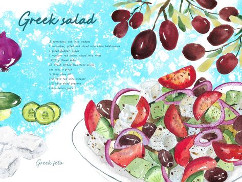 Greek Salad Illustration, Greece Collage, Salad Illustration, Greek Images, Menu Art, Greece Food, Karpathos, Food Illustration Art, Greek Food