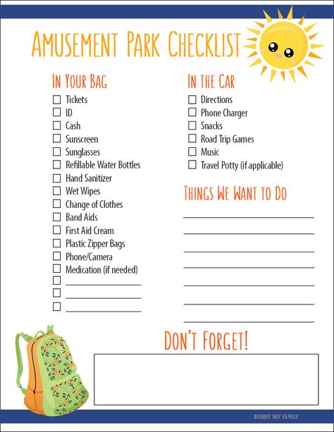 The Ultimate Family Fun Day with a Free Printable Amusement Park Checklist American ExpressDinersDiscoverJCBMasterCardPayPalSelzVisa Amusement Park Must Haves, Amusement Park List, Theme Park Checklist, Things To Bring To An Amusement Park, What To Bring To A Theme Park, Theme Park Packing List, Amusement Park Backpack Essentials, Amusement Park Packing List, What To Pack For Amusement Park