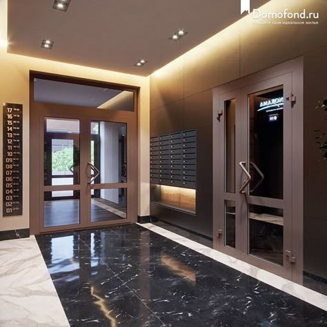 Apartment Lobby Entrance, Apartment Complex Entrance, Lift Lobby Design Residential Modern, Penthouse Entrance Hall, Apartment Entrance Lobby, Apartment Entrance Design, Apartment Building Entrance Lobby, Apartment Building Entrance, Penthouse Elevator Entrance