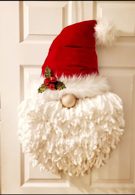 Gnome Hat Wreath, Gnome Door Hanger Christmas, Santa Hat Wreath Tutorial, Yarn Gnome Wreath, Santa Hat Door Hanger Diy, Gnome Santa Diy, Ribbon Yarn Wreath, Gnome Wreaths Front Doors, Santa Gnomes Christmas Diy