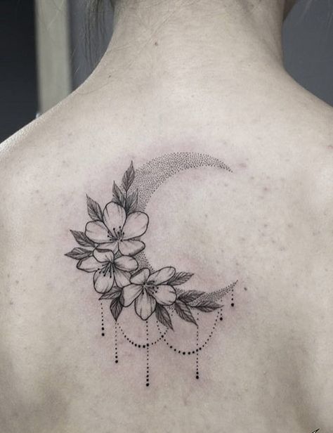 Moon Tattoo Star Lilly Tattoo, Moon Tattoo Cover Up, Floral Moon Tattoo, Popular Tattoo Designs, Lillies Tattoo, Coordinates Tattoo, Body Tattoo Design, Moon Tattoo Designs, Sunflower Tattoos