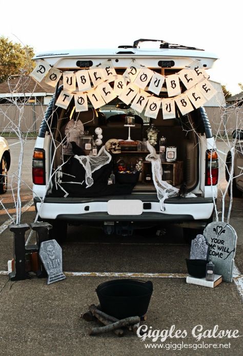 Trunk or Treat Double Double Toil and Trouble  Decorating Tips for #halloween Trunk Or Treat Tips, Trunk Or Treat Ideas With Skeletons, Witch Theme Trunk Or Treat Ideas, Witch Themed Trunk Or Treat, Trunk Or Treat Skeleton Theme, Witch Theme Trunk Or Treat, Skeleton Trunk Or Treat, Trunk Or Treat Witch Theme, Trunk Or Treat Witch