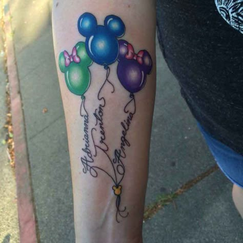 100+ Beautiful Kids Name Tattoos - Designs and Ideas - Tattoo Me Now Kid Name Tattoo Ideas Mothers, Grandchildren Tattoos, Mickey Tattoo, Kid Name Tattoo, Balloon Tattoo, Mouse Tattoos, Tattoos With Kids Names, Disney Tattoo, Geniale Tattoos