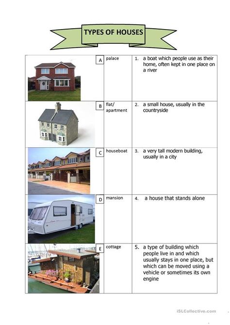 TYPES OF HOUSES - English ESL Worksheets for distance learning and physical classrooms Types Of Houses Worksheet, High School Worksheets, Task Based Learning, Different Types Of Houses, Advanced Vocabulary, Matching Activities, English Teaching Resources, Unusual Home, Action Words