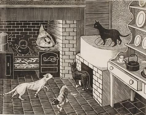 Tirzah Garwood, 1932 a black and white print of a kitchen full of cats Tirzah Garwood, Edward Bawden, Midland Hotel, Saffron Walden, Carl Larsson, Lino Cuts, British Artists, Art Appliqué, Uk Images