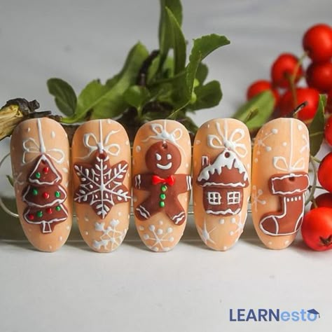 Christmas Nail Decorations, Christmas Nails Decorations, Christmas Nail Art Gingerbread, Christmas Cookie Nail Art, Christmas 3d Nail Art Designs, 3d Gingerbread Nails, Christmas Gingerbread Nail Art, 3d Nail Art Christmas, 3d Christmas Nail Art Designs