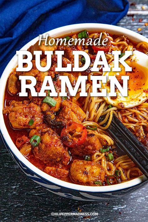 Homemade Ramen Noodles Seasoning, Homemade Buldak Ramen, Ramen Broth Recipe Chicken, Spicy Ramen Broth Recipe, Ramen Noodles With Chicken, Easy Spicy Ramen, Spicy Buldak Ramen, Buldak Recipe, Buldak Ramen Recipe