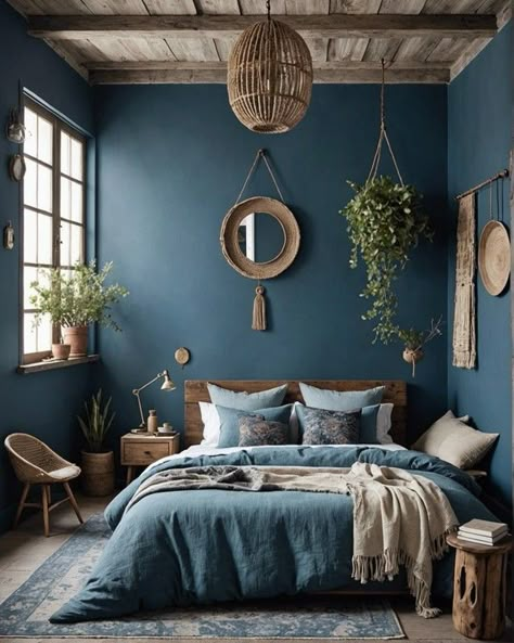 20 Stunning Ways To Get a Blue Boho Bedroom Style – ToolzView Blue And Earth Tones Bedroom, Boho Blue Bedroom Ideas, Boho Ocean Decor, Ocean Blue Bedroom Ideas, Blue Green Brown Bedroom, Cosy Blue Bedroom, Blue Earthy Bedroom, Tropic Bedroom, Bedroom Blue Accent Wall