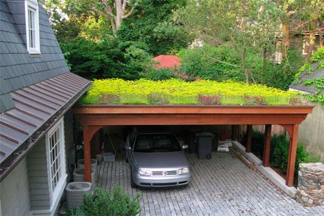 This carport's roof is visually and ecological appealing Roof Plants, Green Roof House, Pergola Carport, Trendy House, Garage Roof, House Green, Carport Garage, Carport Designs, Living Roofs