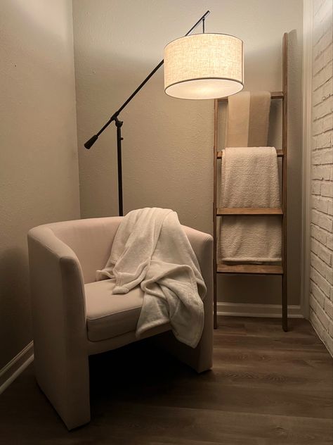 Chair Lamp Corner, Organic Modern Reading Corner, Floor Lamp Behind Chair, Chair And Lamp In Corner, Neutral Reading Corner, Behind Chair Decor, Bedroom Corner Chair And Mirror, Sitting Corner In Living Room, Lamp Behind Chair