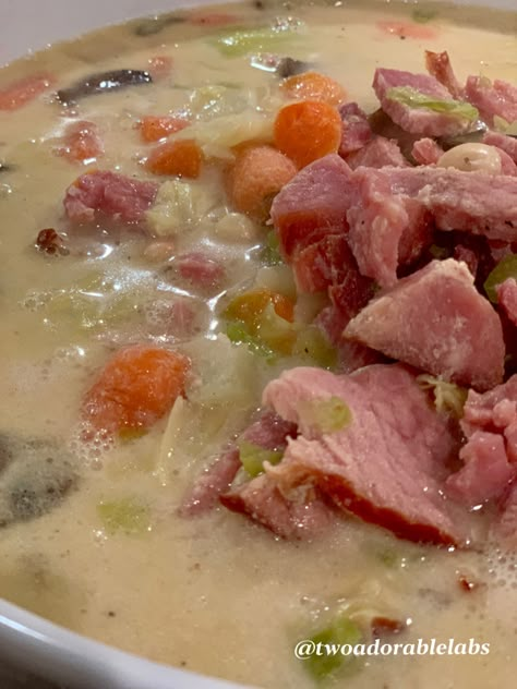 Spiral ham, cabbage, beans in a creamy butter sauce. Ham Bean Cabbage Soup | www.twoadorablelabs.com Ham Bean Cabbage Soup, Bean Cabbage Soup, Creamy Butter Sauce, Ham Cabbage, Ham And Cabbage Soup, Ham And Cabbage, Boiled Ham, Crockpot Soups, Cozy Soup