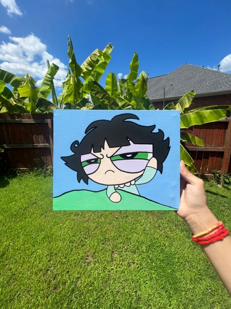 Buttercup Powerpuff Painting, Buttercup Canvas Painting, Big Canvas Art Aesthetic, Powerpuff Girls Canvas Painting, Powerpuff Girls Painting, Buttercup Painting, Painting Easy Canvas, Powerpuff Buttercup, Sleepy Mood