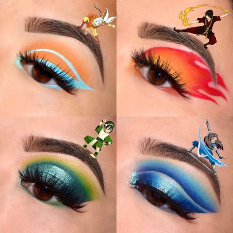 Avatar: The Last Airbender but in Makeup 💧🔥 🌎 💨  #makeup #makeupinspo #firemakeup #mua #makeupideas #avatar #avatarthelastairbender #eyeshadow Water Makeup Looks, Nerdy Makeup, Atla Art, Air Makeup, Avatar Makeup, Eyeshadow Inspiration, Diy Eyeshadow, Fire Makeup, Themed Makeup