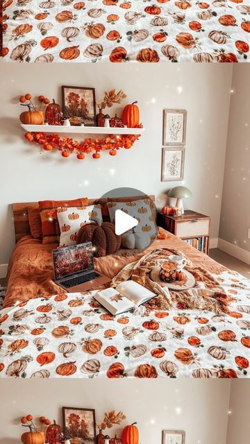 Bonnie Barton on Instagram: "Team decorate for Fall on August 1st! 🍁🎃🤎 This year I wanted my bedroom to FEEL like a warm pumpkin spice latte ☕️🍂 The amount of books and episodes of Gilmore Girls I plan to read here is making me SO excited!! #falldecor #autumndecor #pumpkindecor" Gilmore Fall Episodes, Gilmore Girls Autumn, The Pumpkin Spice Cafe Book Aesthetic, Golmore Girls Aesthetics Fall, Gilmore Girls Autumn Episodes, Decorate For Fall, August 1st, My Bedroom, Girl Falling