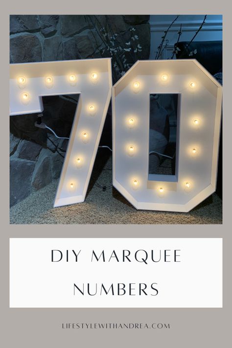 These easy DIY marquee numbers will really upgrade your party decorations! Use them for your next birthday party or switch it up and make marquee letters for any party occasion! Number Marquee Diy, Diy Lighted Numbers, Diy Number 50 Cardboard, Diy Giant Numbers With Lights, Diy Light Letters How To Make, Diy Light Up Letters Foam Board, Sweet 16 Marquee Numbers, Paper Numbers Diy, Diy Marquee Letters Cardboard