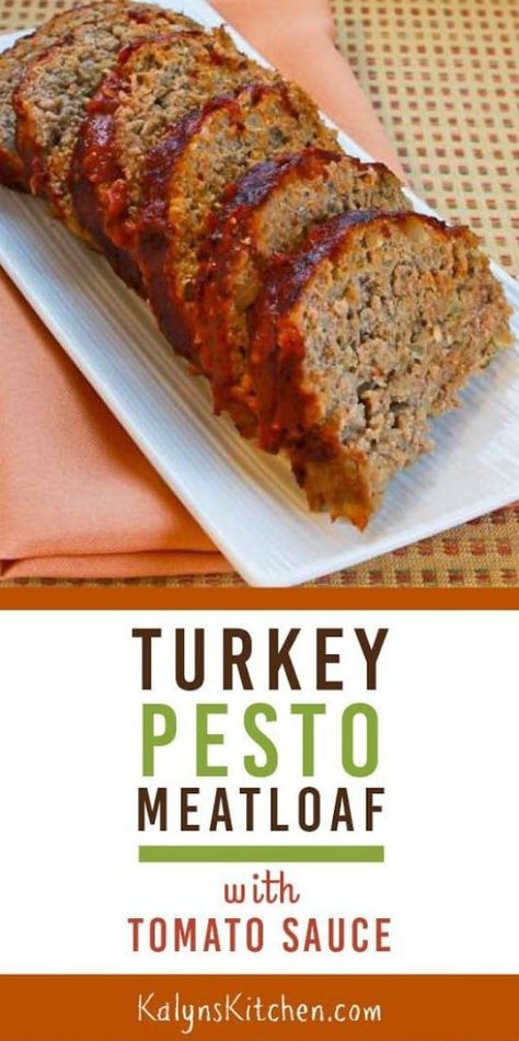 Turkey Pesto Meatloaf with Tomato Sauce is a delicious variation on turkey meatloaf, and this is loaded with flavor! The meatloaf has a tiny amount of breadcrumbs, but it's low-glycemic and South Beach Diet phase two, and you could switch out the breadcrumbs for almond meal or flaxseed meal to make a low-carb version. [found on KalynsKitchen.com] #KalynsKitchen #TurkeyPestoMeatloaf #TurkeyMeatloaf Pesto Meatloaf, Meatloaf With Tomato Sauce, Turkey Pesto, Meat Sandwiches, Flaxseed Meal, Healthy Cheese, South Beach Diet, Turkey Meatloaf, Almond Meal