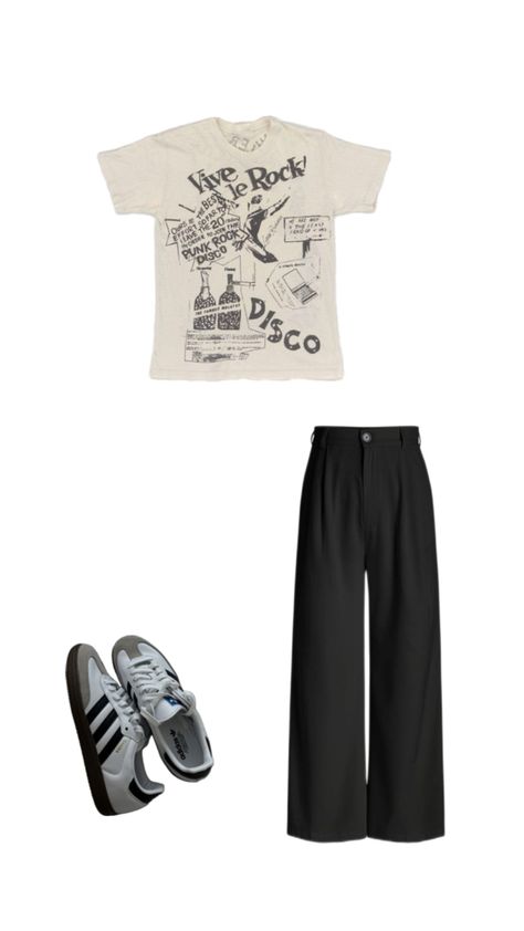 Elevate your casual style with this chic outfit! Pair tailored black pants with a trendy off-white graphic tee for a perfect blend of sophistication and edge. Complete the look with classic Adidas Sambas for a sporty vibe that keeps you comfortable all day. Ideal for brunch dates or casual outings, this ensemble is all about looking effortlessly stylish! 🖤✨ #CasualChic #FashionInspo #OOTD Adidas Sambas, Classic Adidas, White Graphic Tee, Chic Outfit, Adidas Samba, White Tee, Chic Outfits, Casual Chic, Casual Style