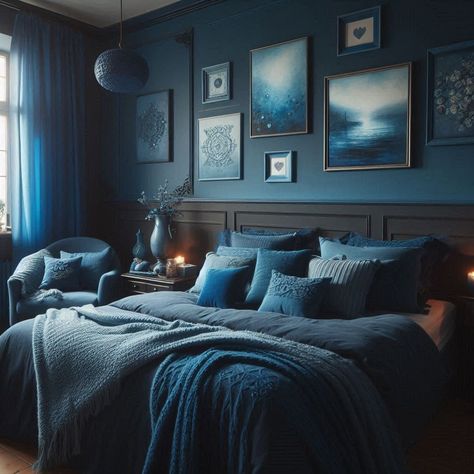 15 Dark Blue Room Ideas for a Sophisticated Look Monochrome Blue Bedroom, Dark Navy Room, Deep Blue Room, Shades Of Blue Bedroom, Dark Blue Room Ideas, Blue And Black Bedroom, Floor Bed Ideas For Adults, Deep Blue Bedroom, Midnight Blue Bedroom